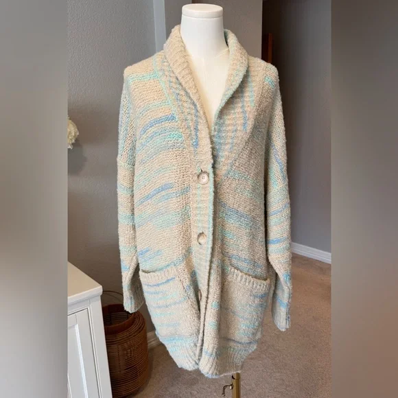 NWT Anthropologie Pilcro Beige and Blue Oversized Cardigan Sweater w/ Pockets - Picture 8 of 11